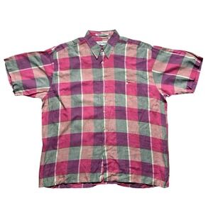 VTG FELDINI 100% Linen Pink Green Purple Plaid Short Sleeve Shirt‎ Men's Large